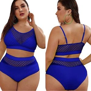 Plus Size Splice Fishnet Cami Top and High Waist Bikini Set Blue -Size 3X